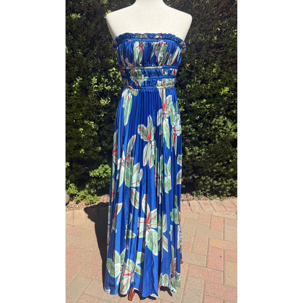 Hutch Blue Tropical Leaf Print Sabina Strapless Pleated Maxi Gown 0 Petite 10682